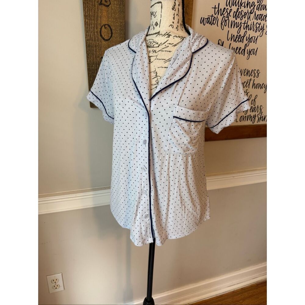 Kate Spade NY Women's Polka Dot Button Front Short Sleeve Pajama Top Blue Small